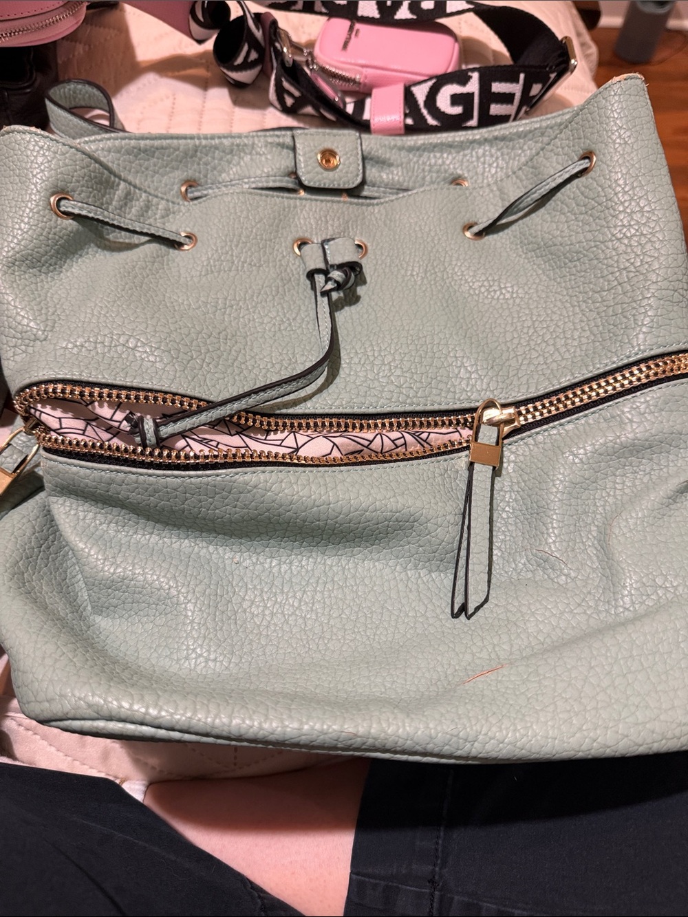 Mint Green Drawstring Leather Tote Bag